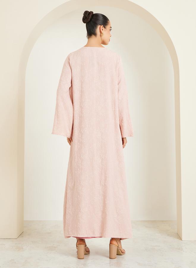 Amirah Women Pink Jacquard Open Front Abaya - Image 5